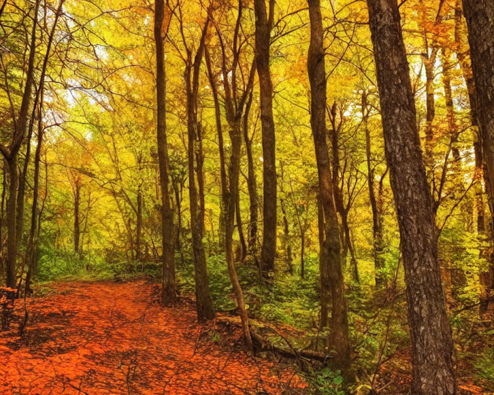 Scenic autumn forest with golden foliage and red carpet of leaves