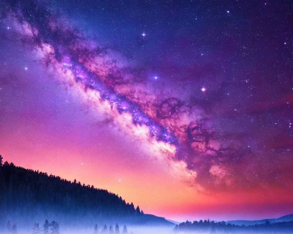 Starry night sky over misty forest with vibrant nebulae