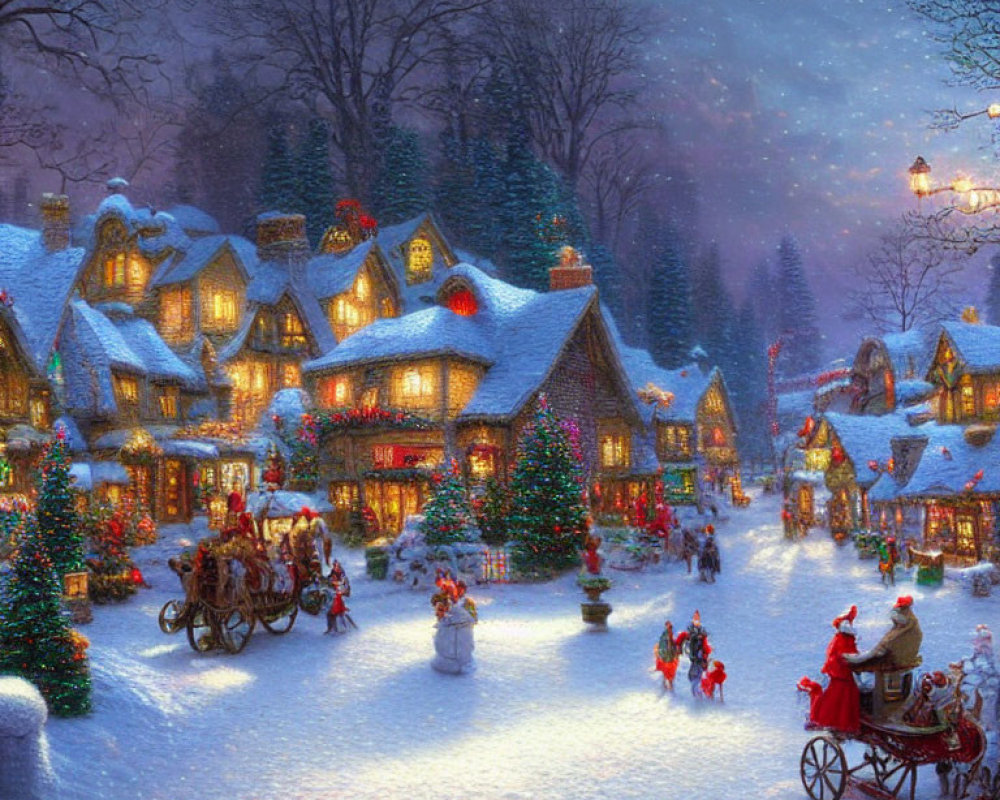 Charming winter village with Christmas decorations and snow