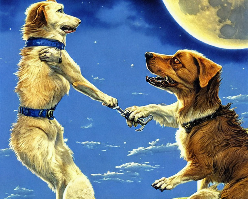 Anthropomorphic dogs shaking hands under night sky