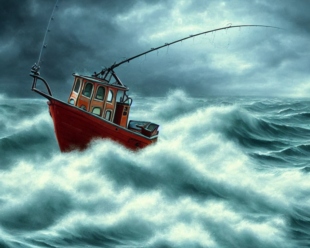 Red Fishing Boat with Bent Rod in Turbulent Dark Blue Sea Waves