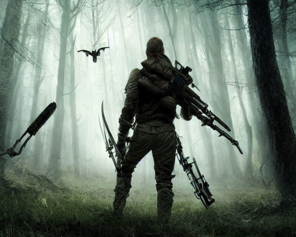 Camouflaged person with rifle in misty forest, dragon flying, swords in ground