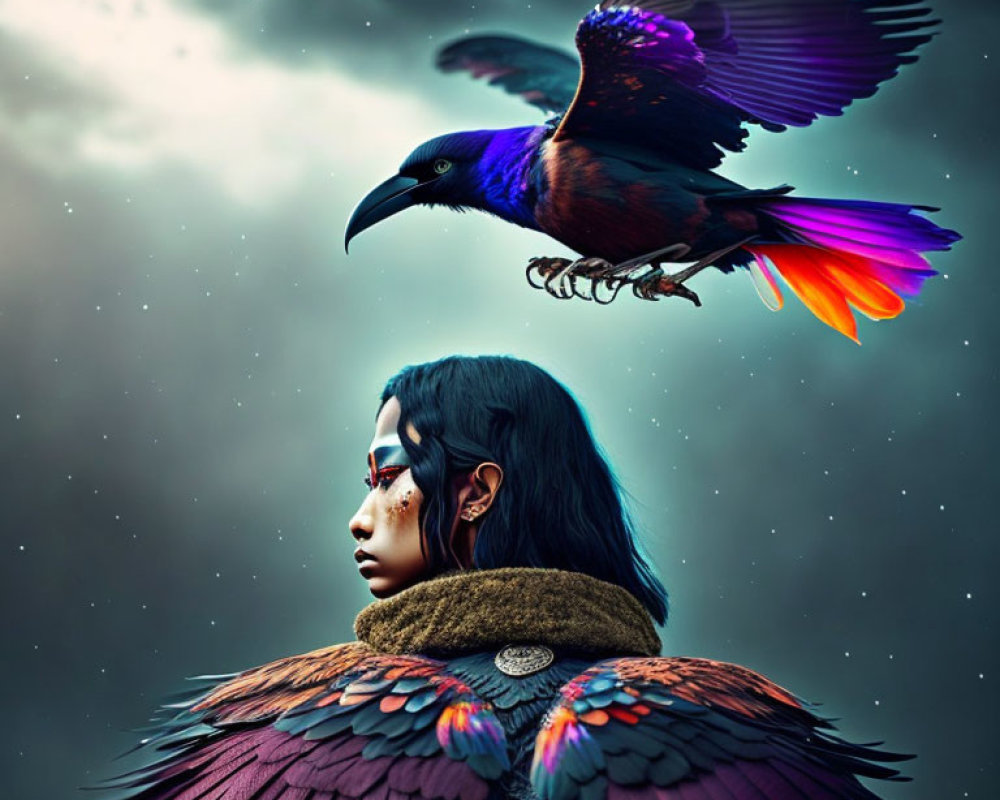 Woman in wing-like attire gazes under moody sky with colorful raven.