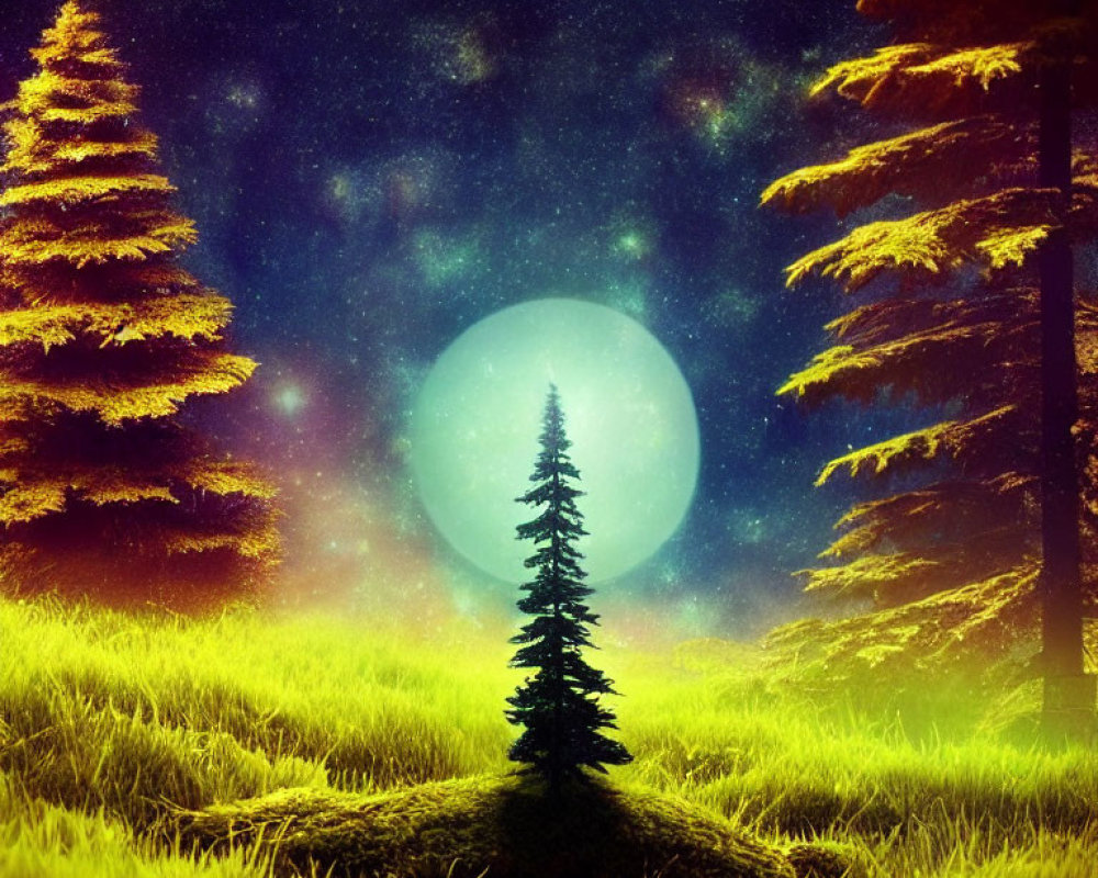 Fantasy Night Landscape with Moon, Stars, and Pine Tree Silhouettes