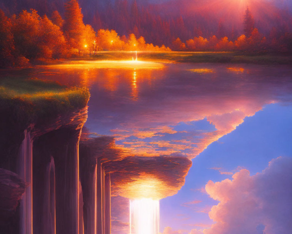 Tranquil sunrise landscape with trees, lake, and waterfalls