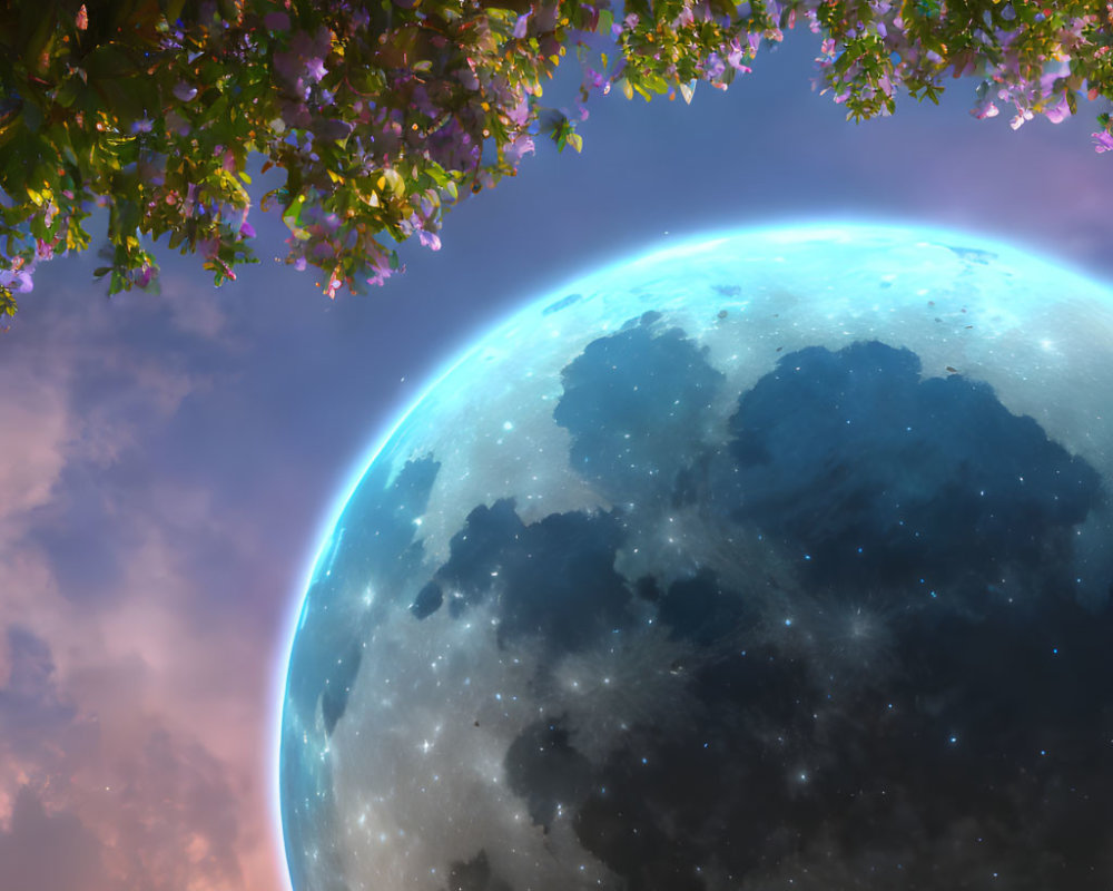 Surreal image of large Earth-like planet near tree with purple flowers