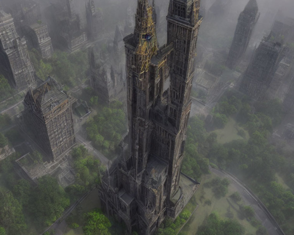 Gothic Cathedral in Foggy Forest Among Ancient Ruins