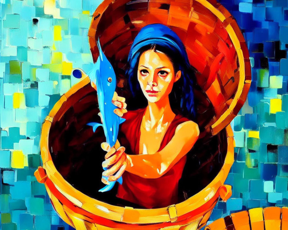 Colorful painting of woman with blue hair holding fish from barrel on mosaic backdrop