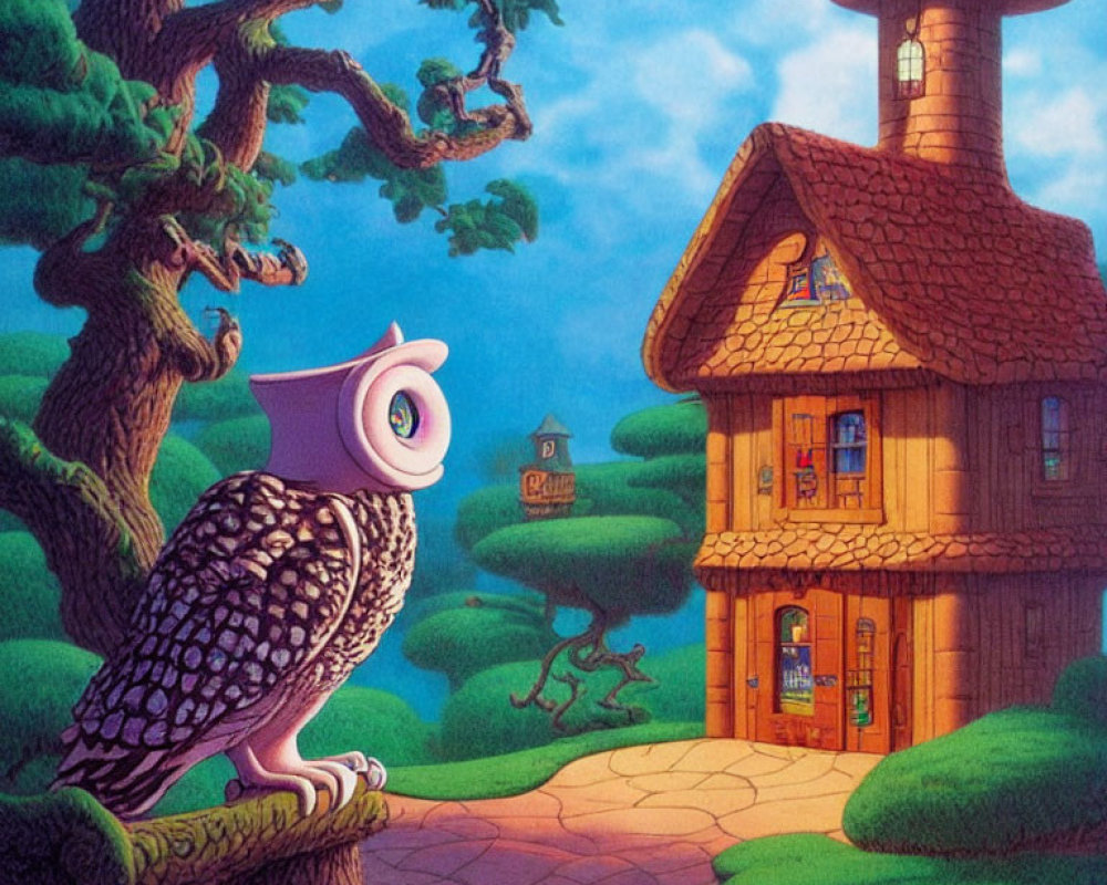 Illustrated owl on tree branch at dusk with whimsical wooden house in lush forest.