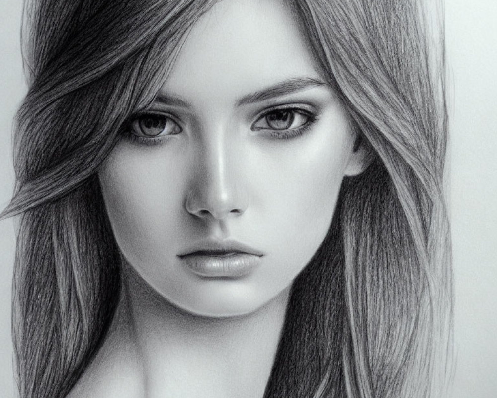 Detailed pencil-drawn portrait of a woman with intense eyes and full lips.