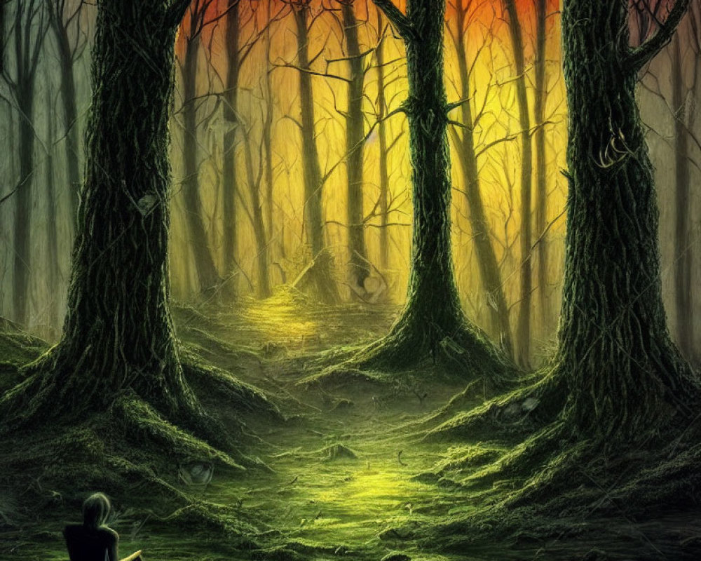 Person sitting in lush green forest with radiant orange glow - mystical atmosphere