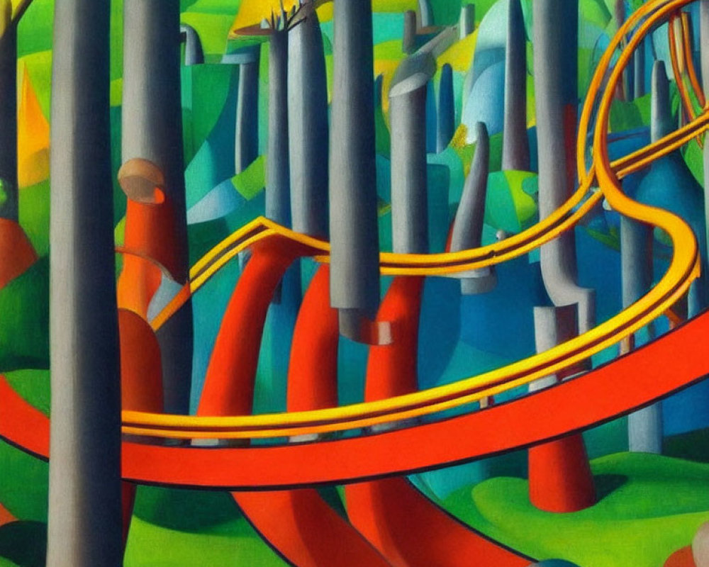 Vibrant abstract painting: intertwining tubular structures in green, gray, and orange.