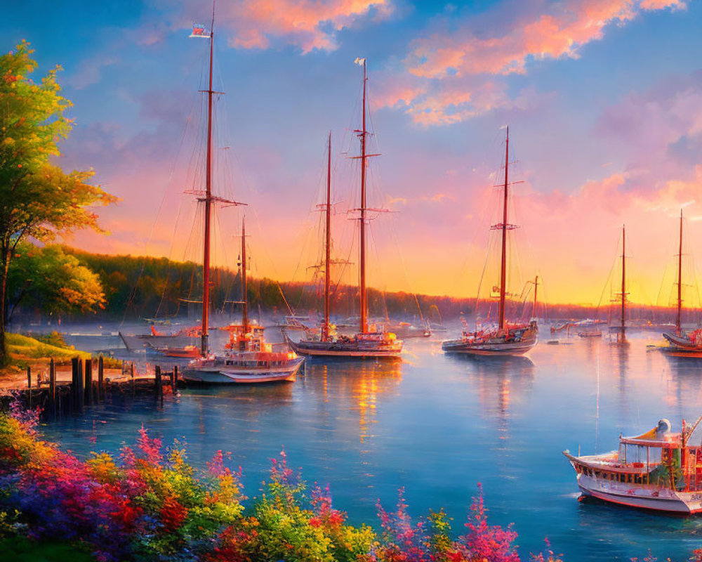 Tranquil sunset harbor scene with sailboats, vibrant skies, calm waters, and lush flora