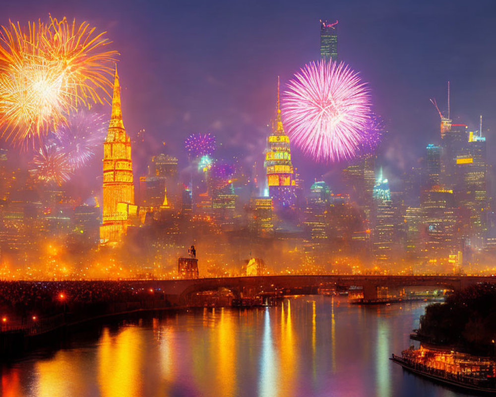 Colorful fireworks illuminate city skyline at night with buildings reflected in river