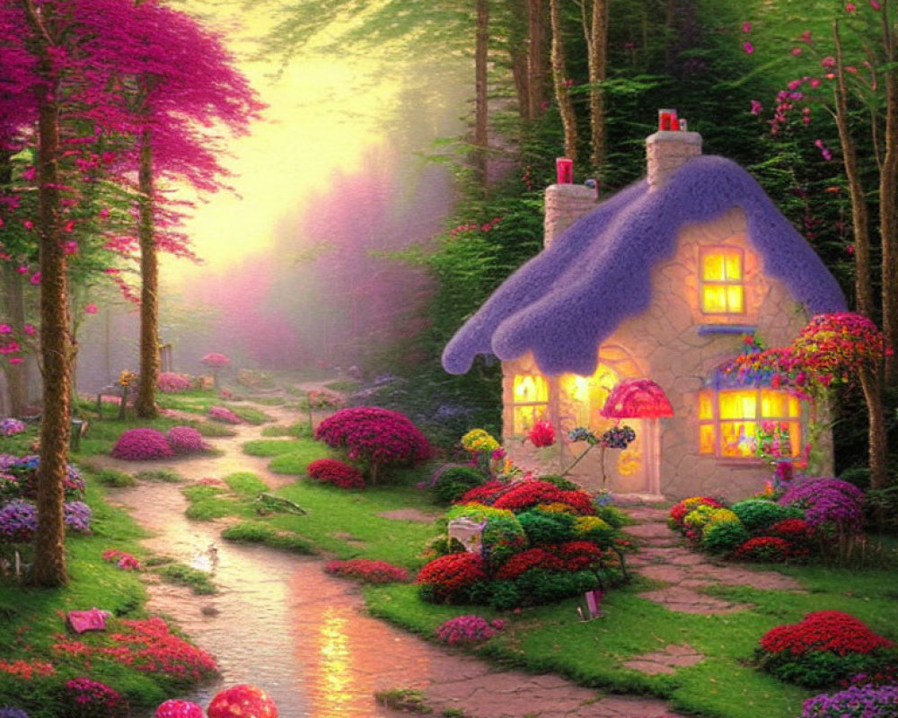 Quaint cottage with blue thatched roof in forest glade at twilight