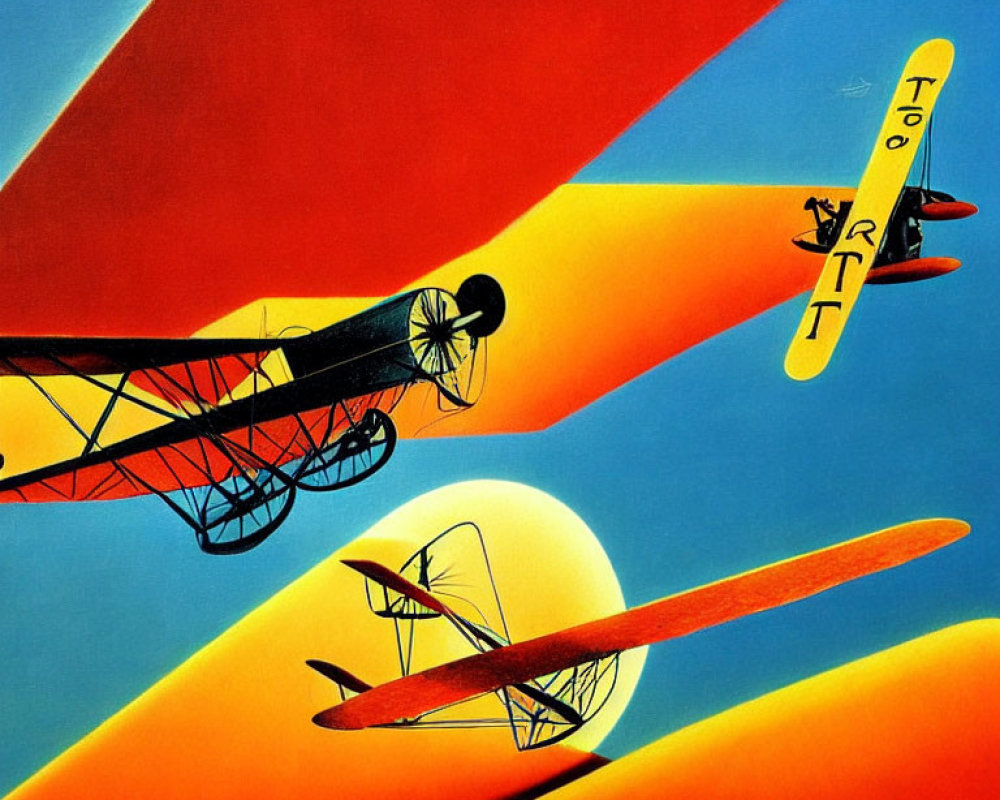 Vintage Biplanes Flying in Stylized Painting