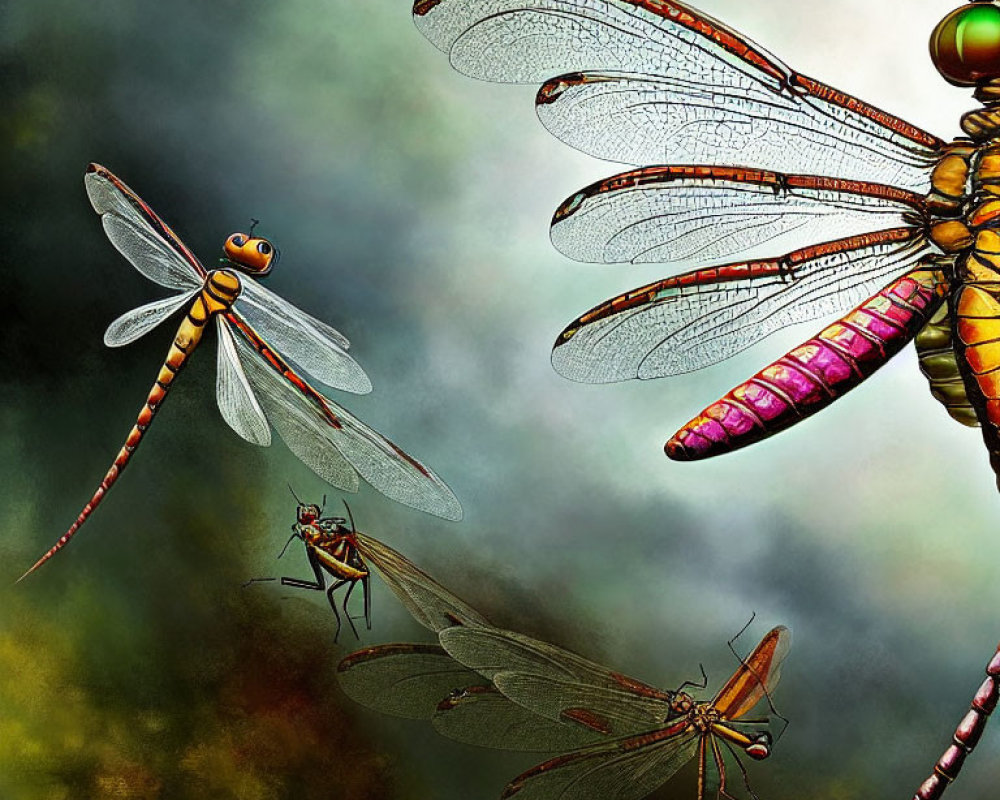 Vibrantly colored dragonflies and insect on textured background