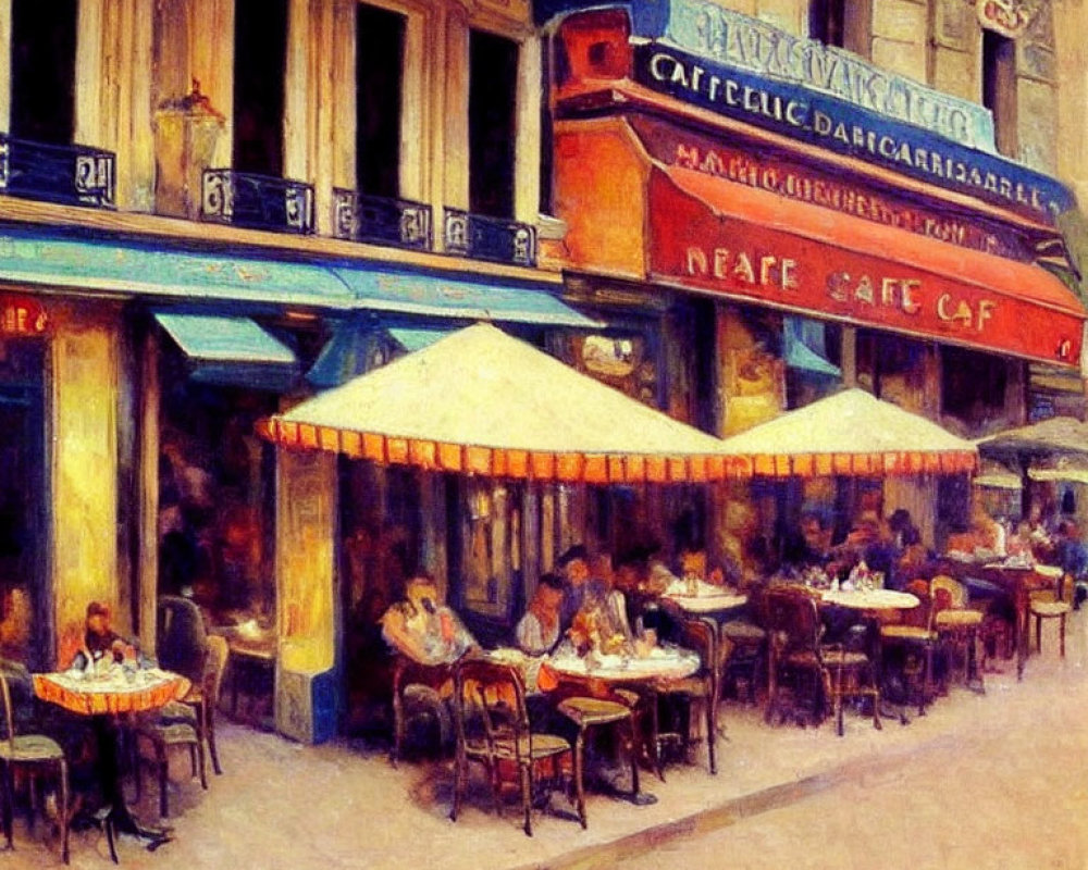 Impressionist-style painting of quaint street cafe with yellow awnings and blue sign.