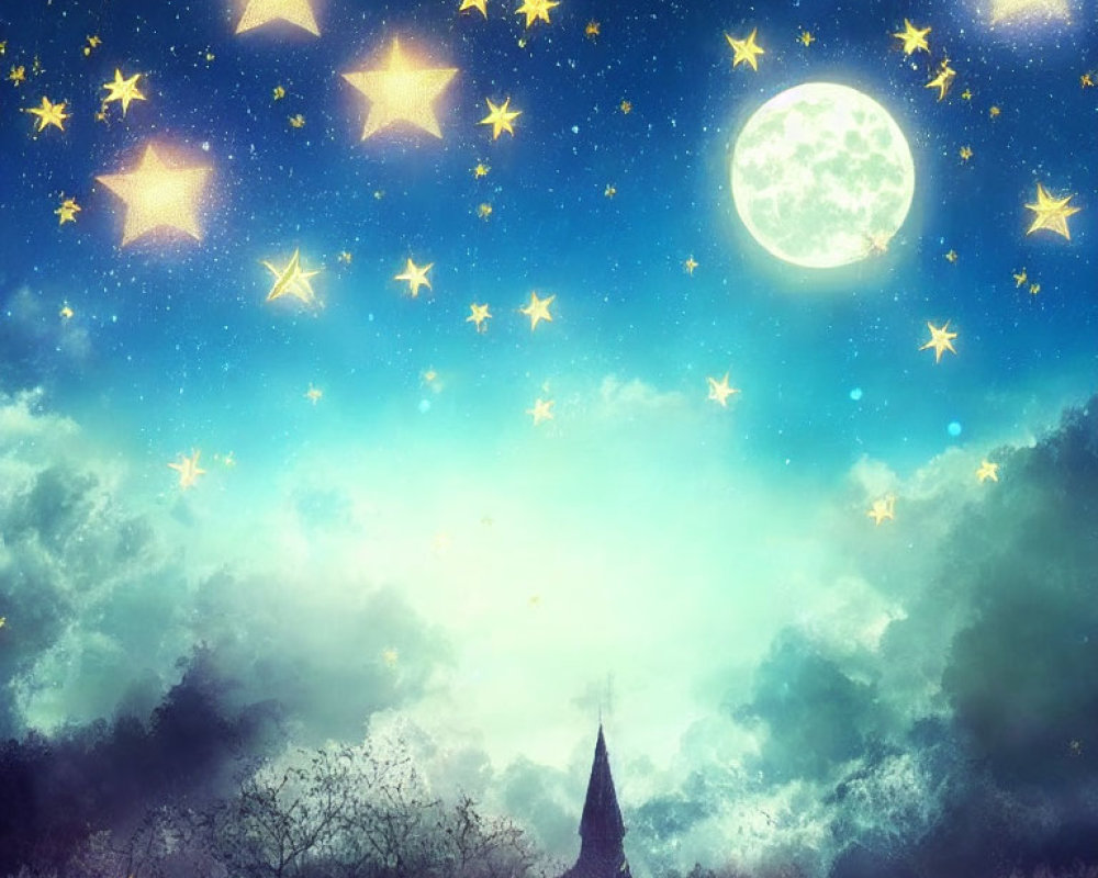 Night Sky with Full Moon, Stars, Church Silhouette, Clouds & Treetops