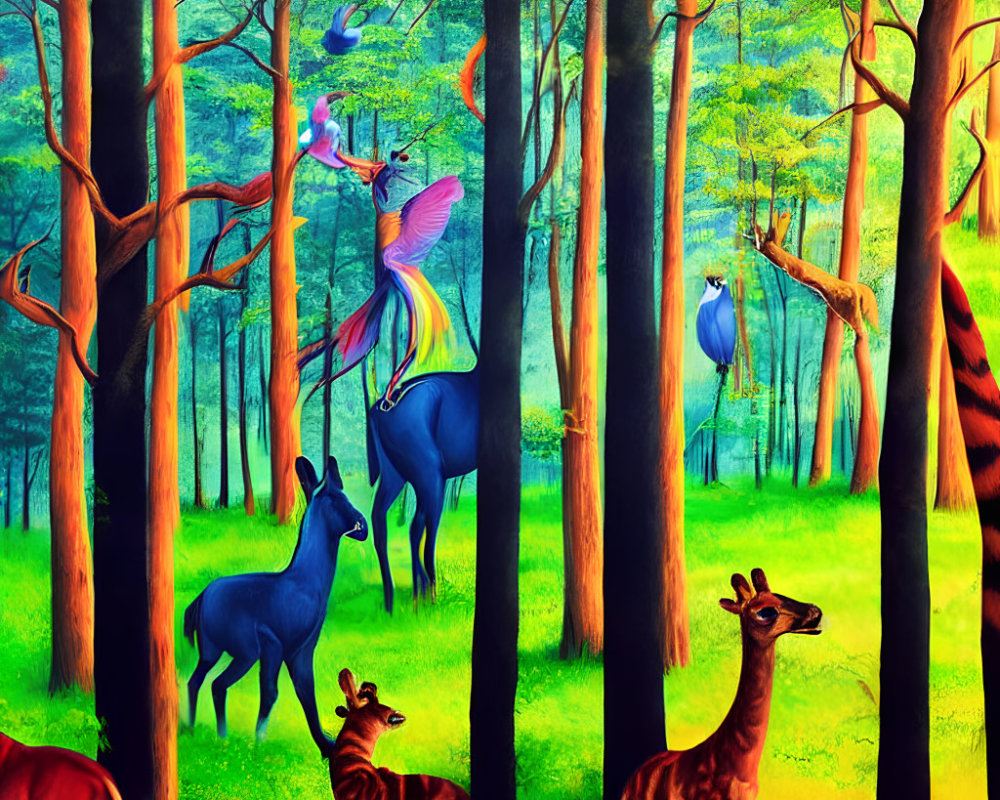 Colorful forest illustration with deer, giraffe, and birds among surreal trees