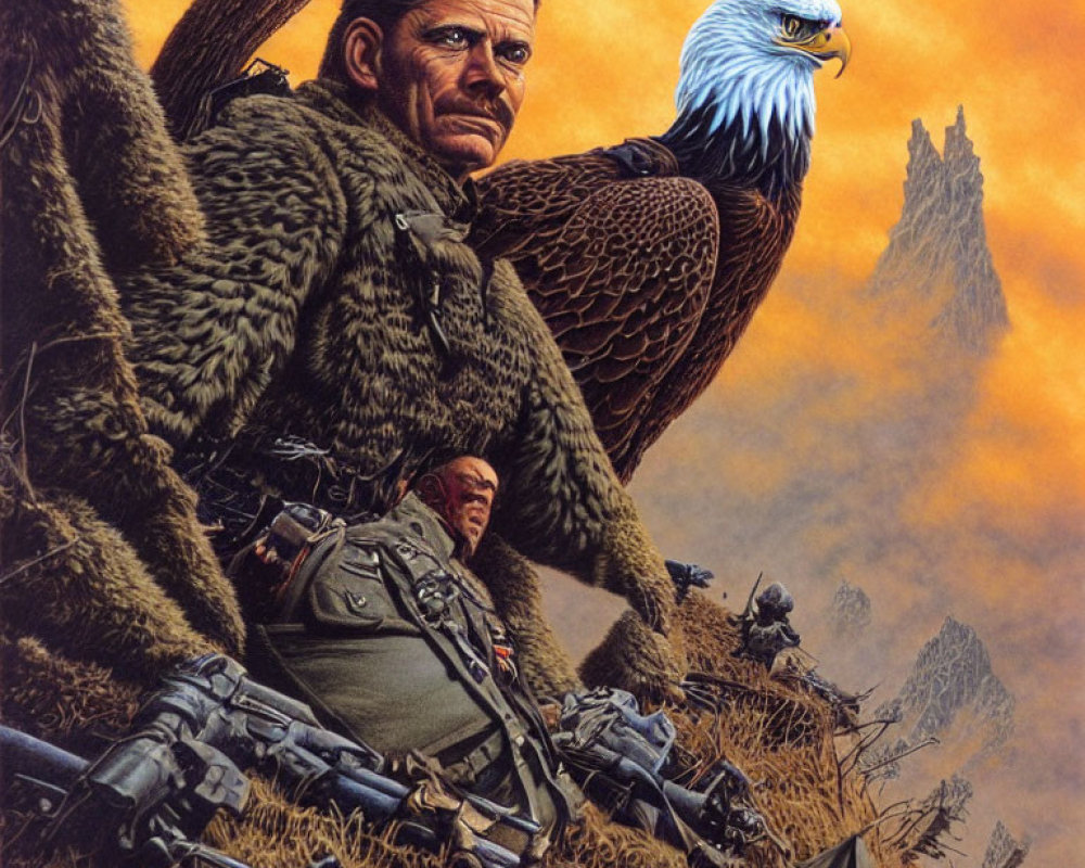 Man with eagle on arm in futuristic battle scene