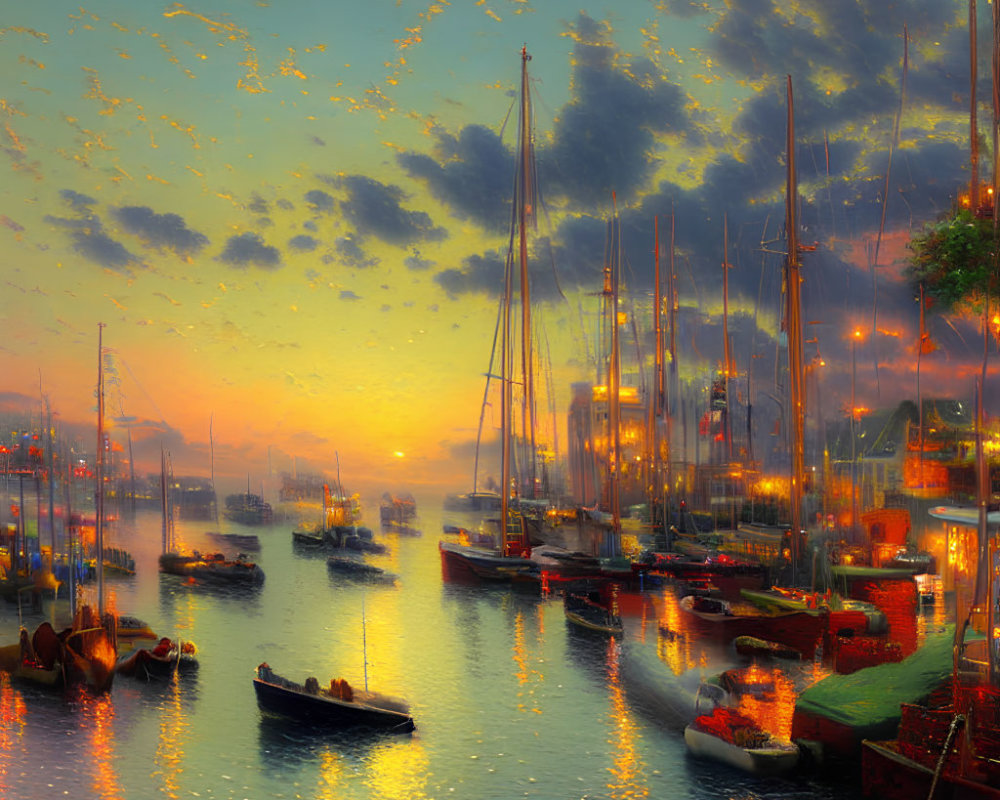 Tranquil sunset harbor scene with boats, glowing sky, and birds reflecting on water