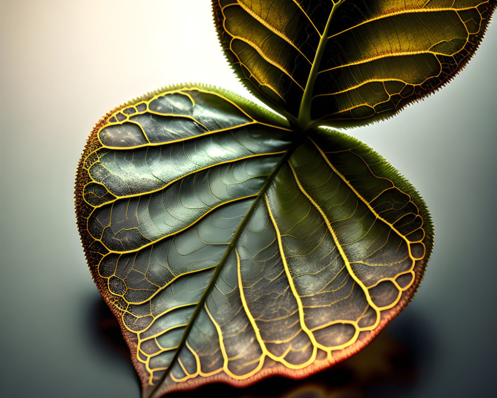 Translucent leaves with golden edges and prominent veins on reflective surface