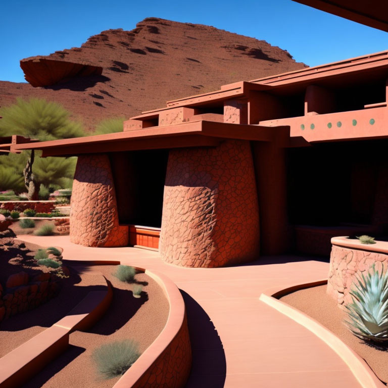 Terracotta-walled modern desert house with round design elements amid native plants