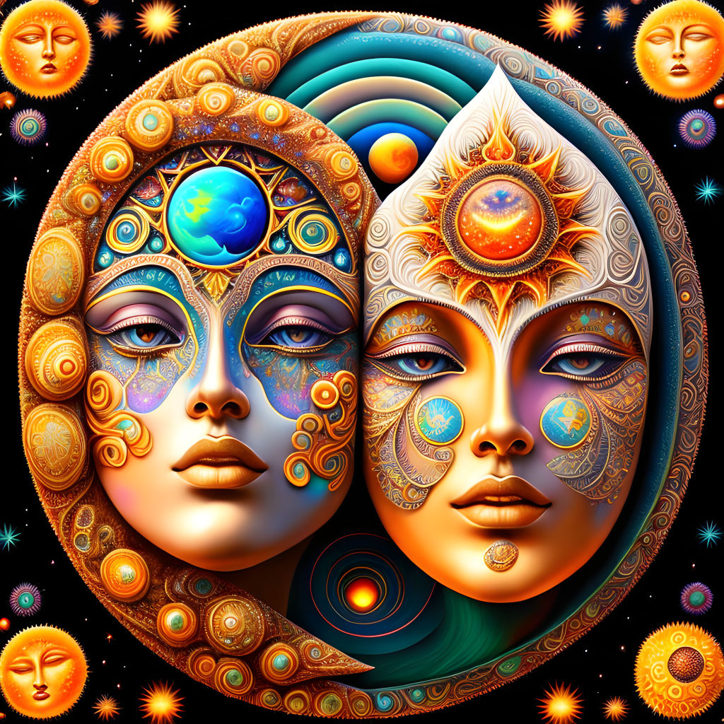 Symmetrical celestial digital artwork with sun, moon, stars