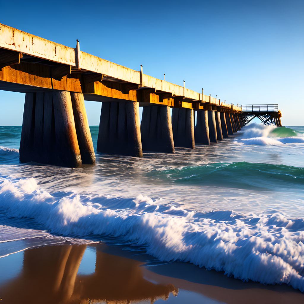 Brown Pier Extending into Calm Sea under Blue Sky