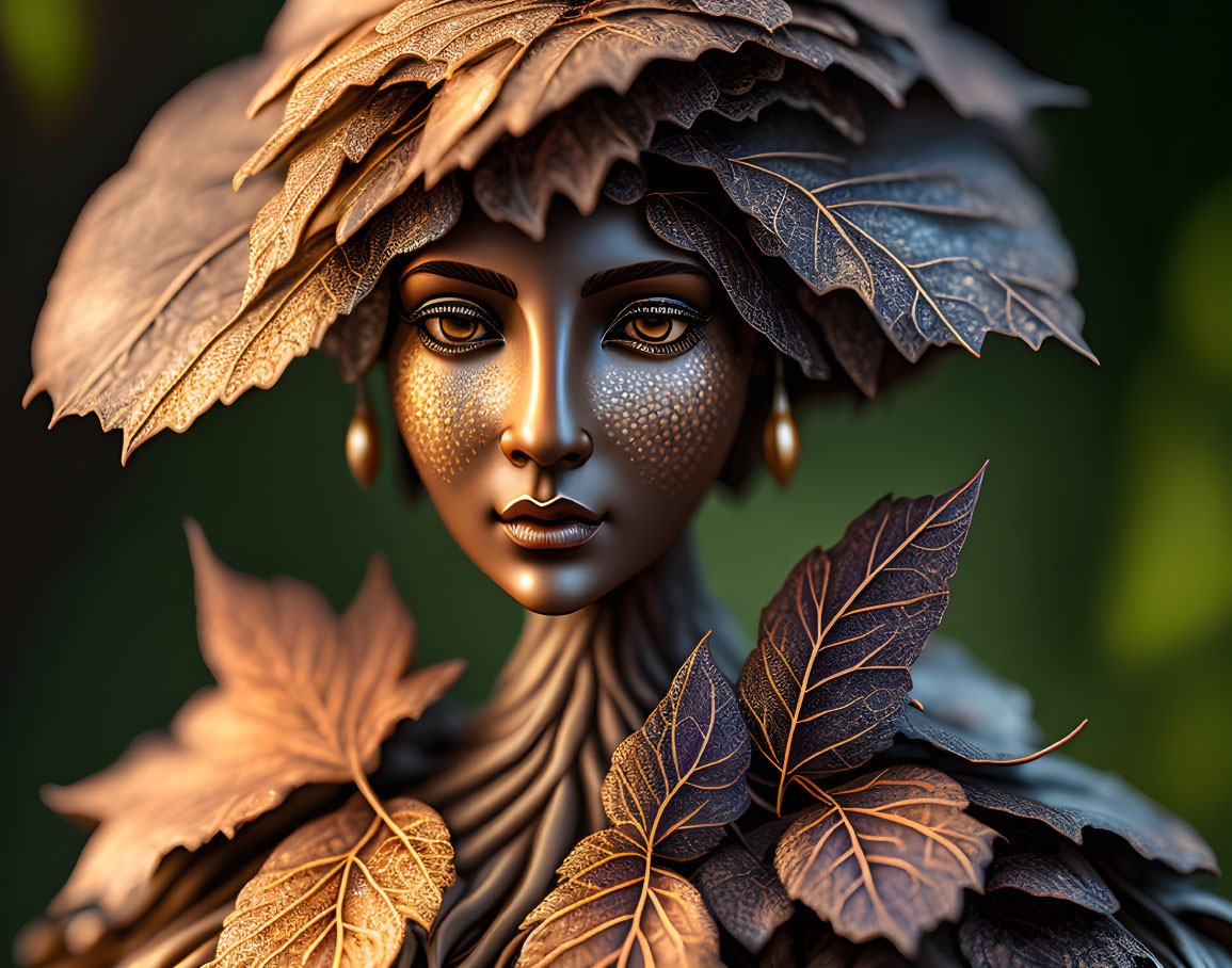 Digital artwork featuring woman with leaf-like elements in golden and brown tones