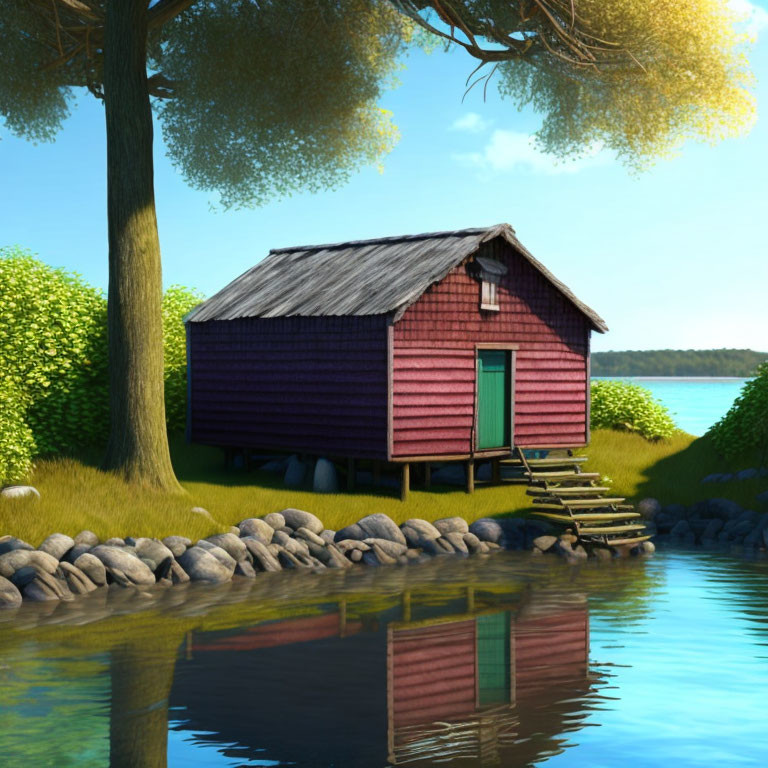 Red Wooden Cabin by Calm Lake Surrounded by Greenery and Blue Sky