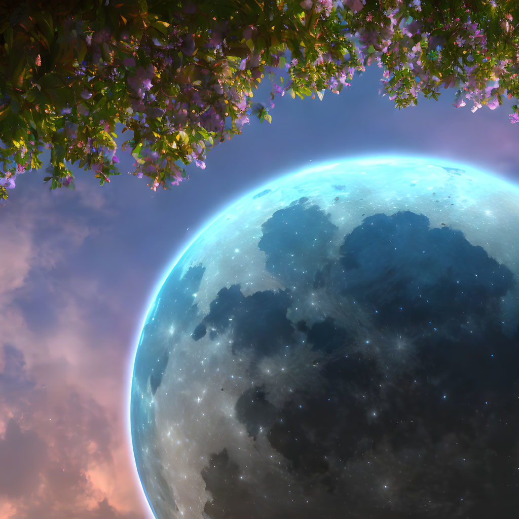 Surreal image of large Earth-like planet near tree with purple flowers