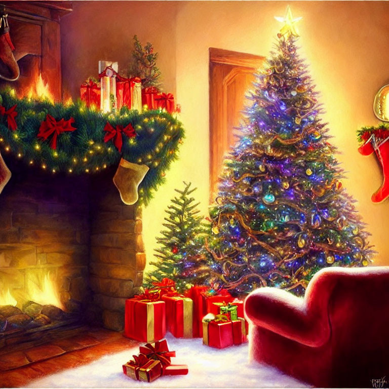 Festive Christmas room with fireplace, tree, gifts, and armchair