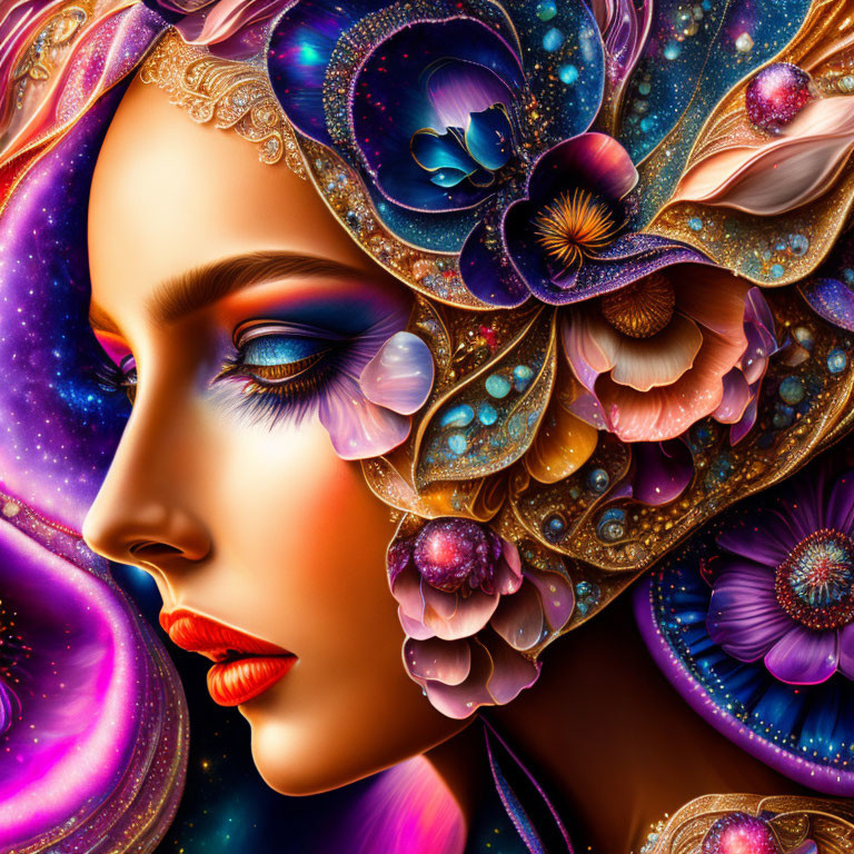 Colorful Illustration of Woman with Cosmic and Floral Headpiece