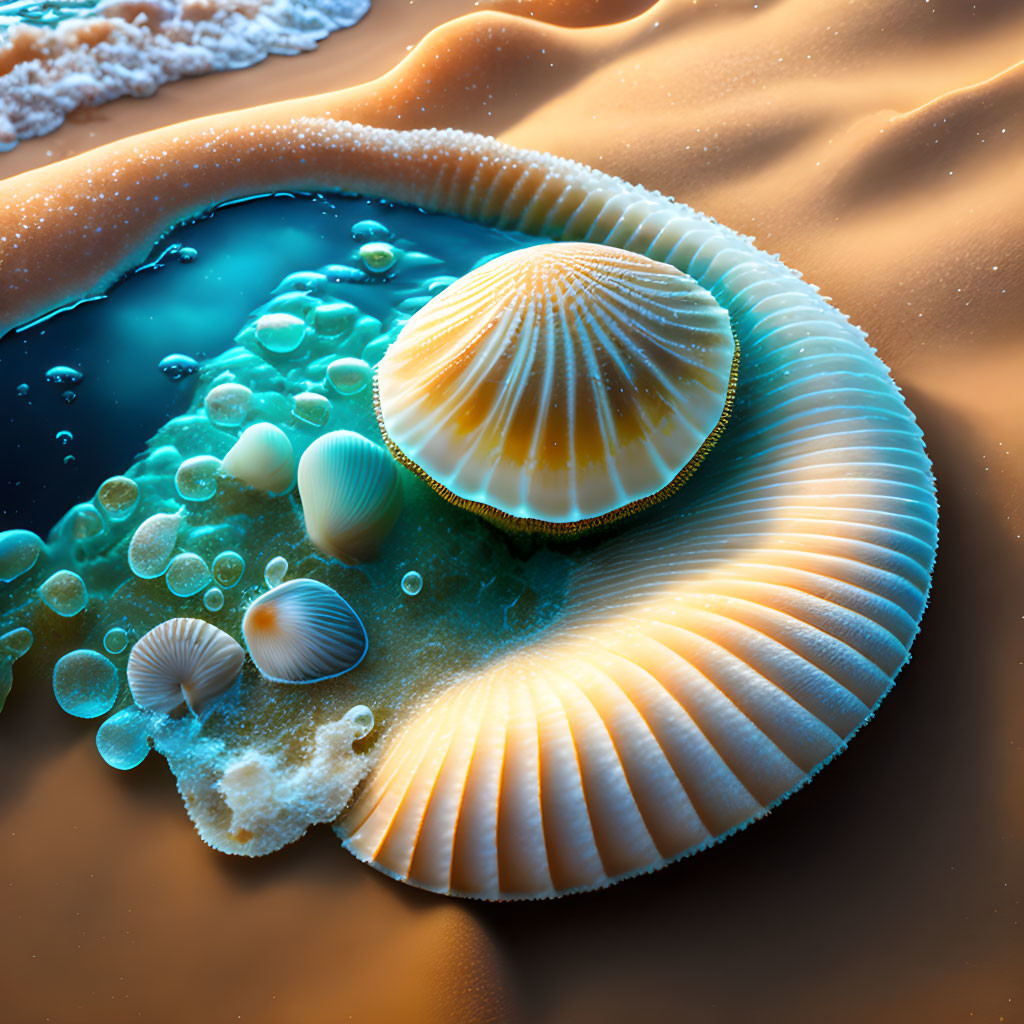 Collection of Scallop Shells on Sandy Beach with Bubbles and Tide Pool