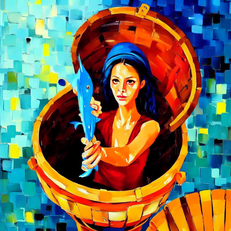 Colorful painting of woman with blue hair holding fish from barrel on mosaic backdrop