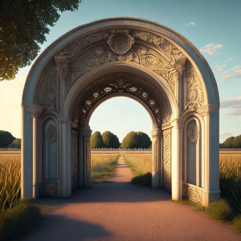 Ornate stone arch in serene field with tree-lined path