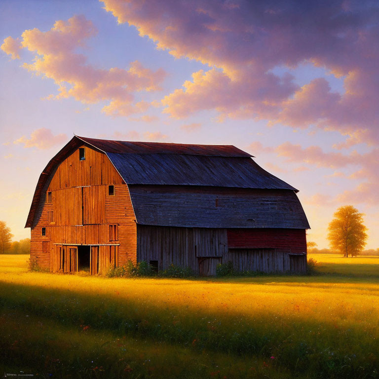 Rustic barn in serene sunset landscape with golden light