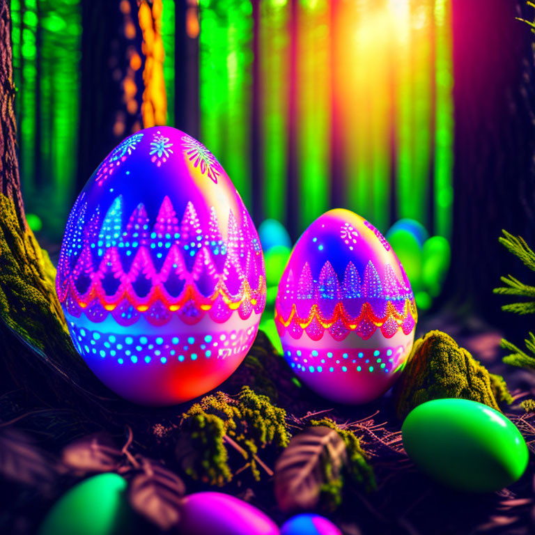 Colorful Easter Eggs with Intricate Patterns in Forest Setting