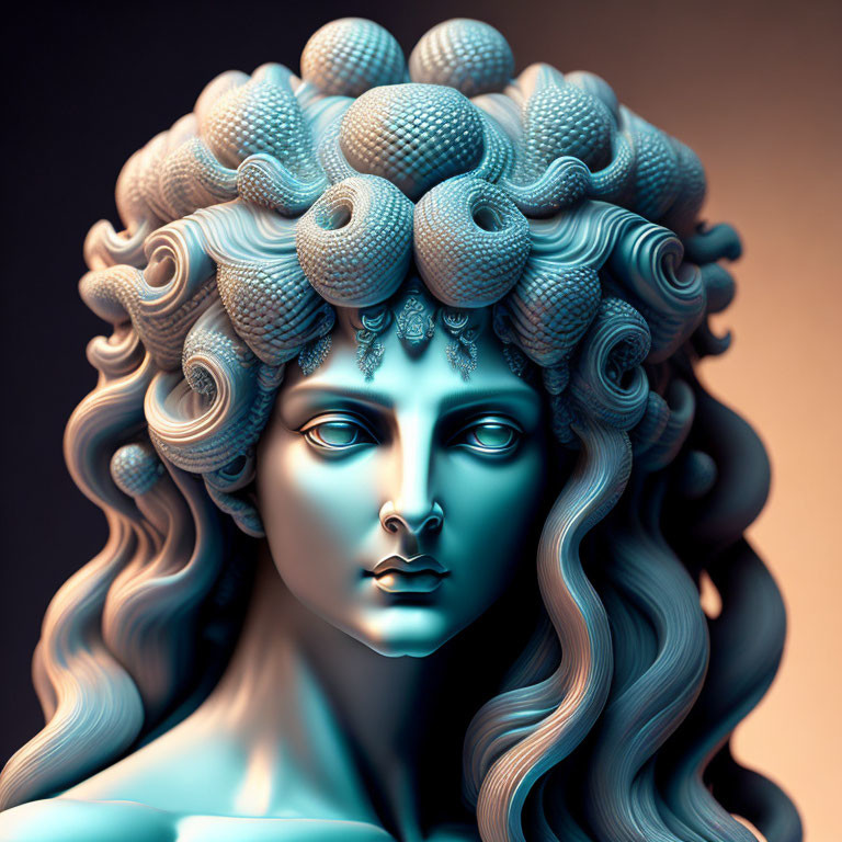 Digital Artwork: Person with Blue Snake Hair Resembling Medusa