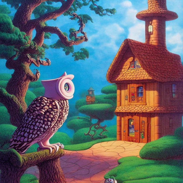 Illustrated owl on tree branch at dusk with whimsical wooden house in lush forest.