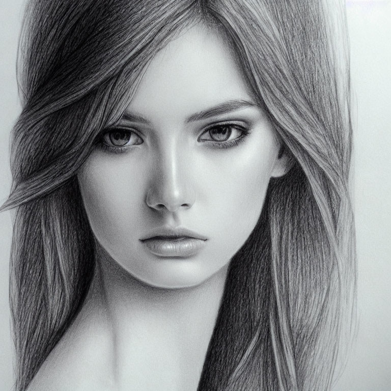 Detailed pencil-drawn portrait of a woman with intense eyes and full lips.