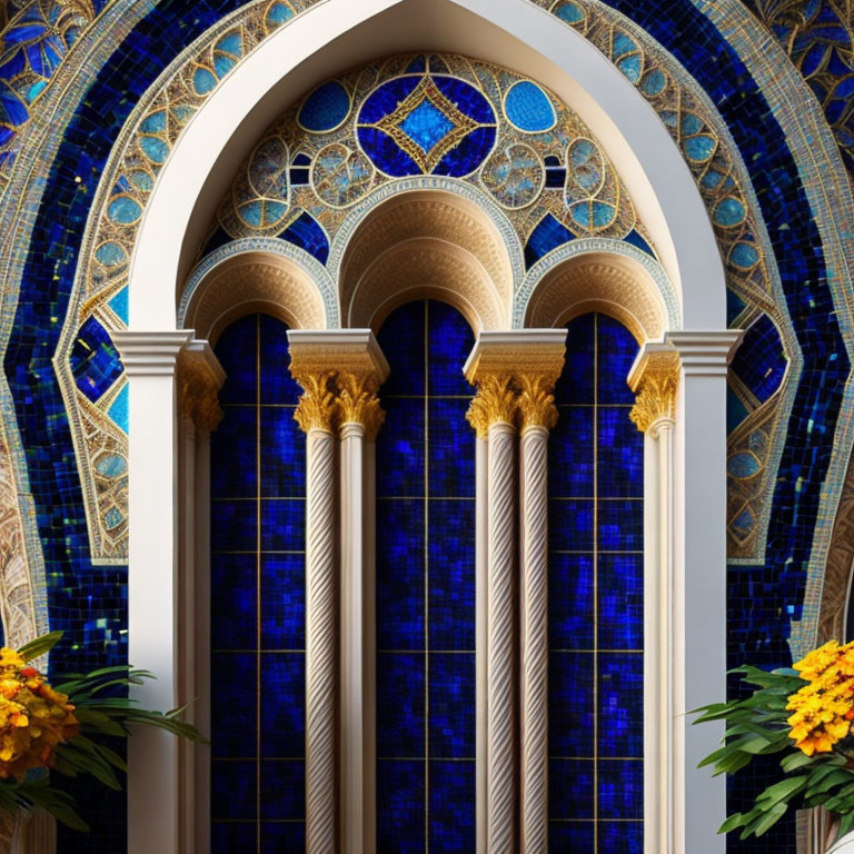 Intricate blue mosaic arched window with decorative columns and yellow flowers