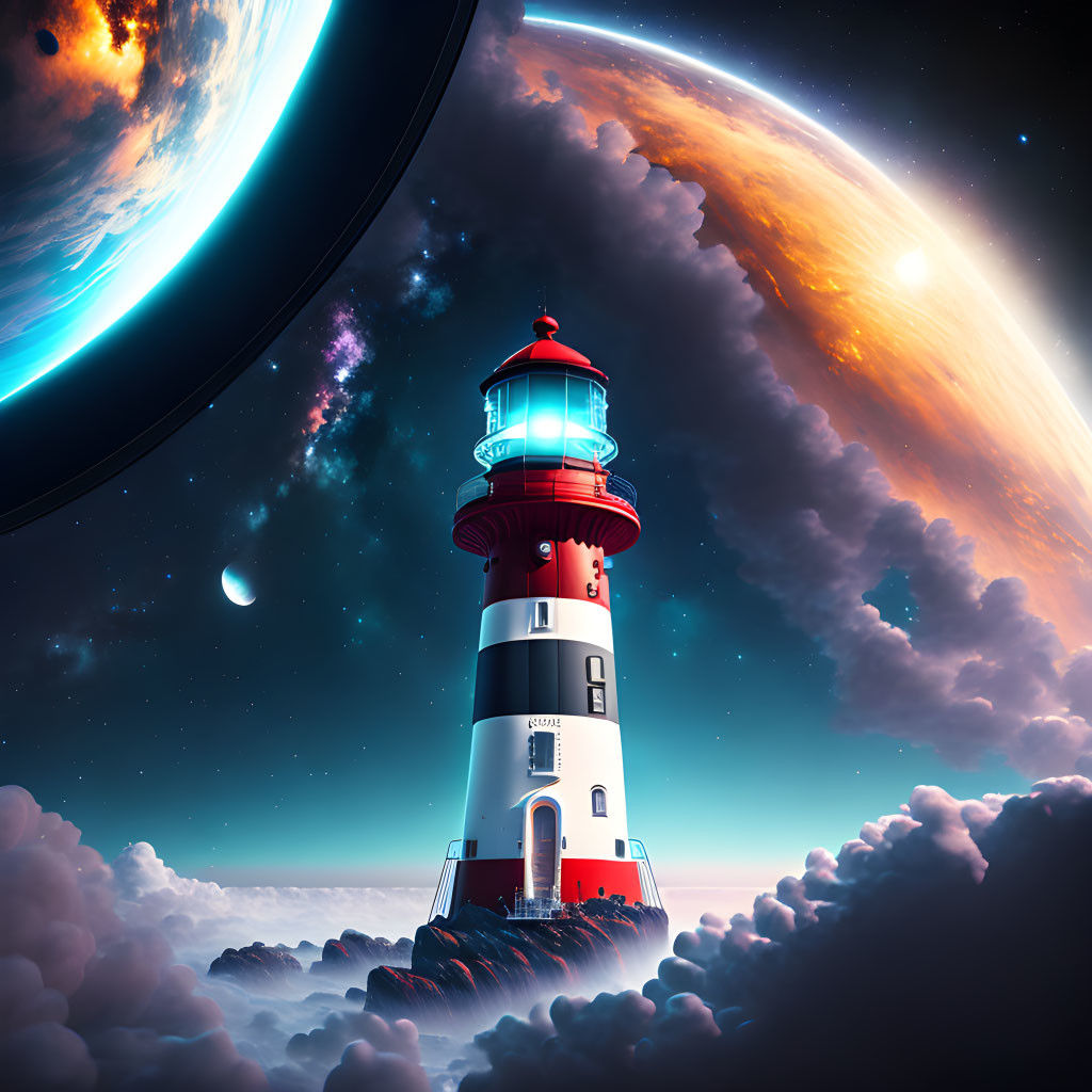 Lighthouse on rocky terrain under starry sky with planet and moon