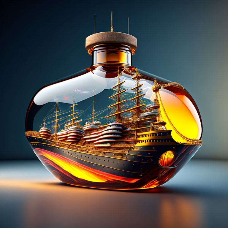 Detailed Model Ship in Transparent Ship-in-a-Bottle on Blue Gradient Background