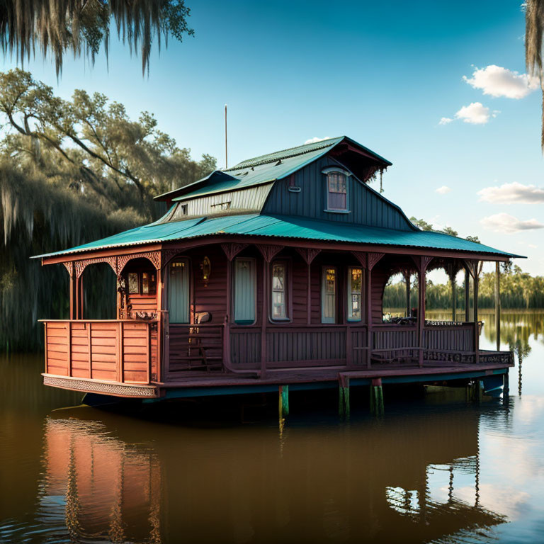 Tranquil scene: rustic wooden boathouse on calm waters with lush surroundings