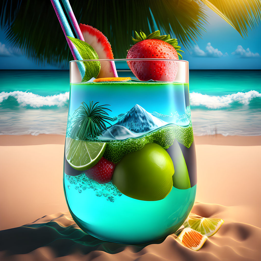 Tropical cocktail with lime, strawberry, and kiwi garnishes on beach-themed glass art.