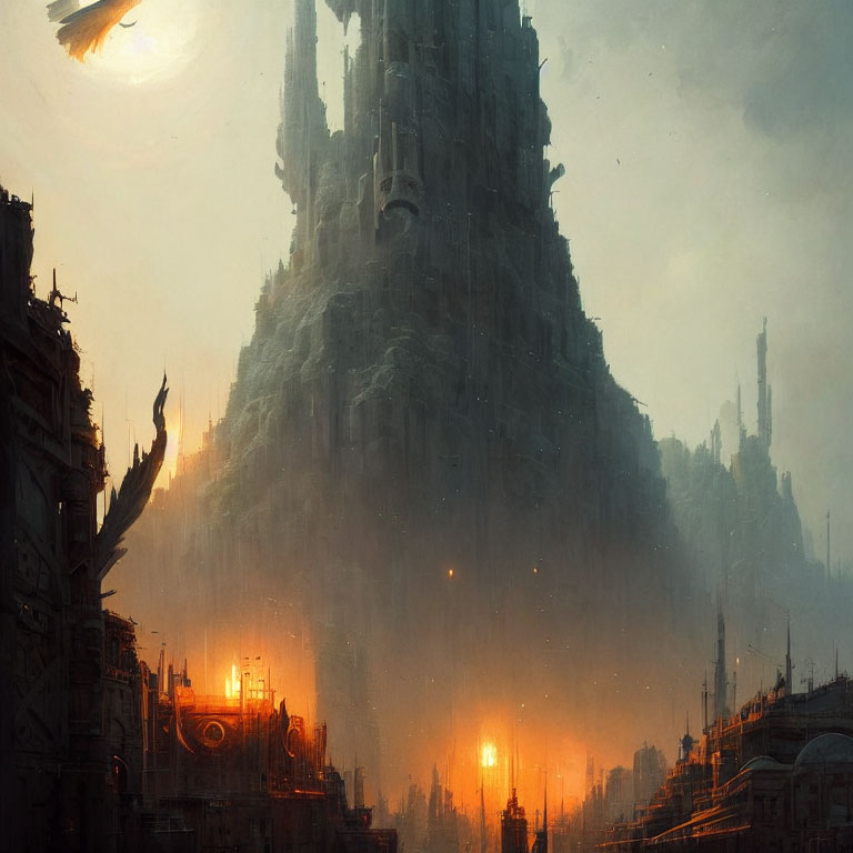 Majestic cityscape at sunset with futuristic and fantasy elements