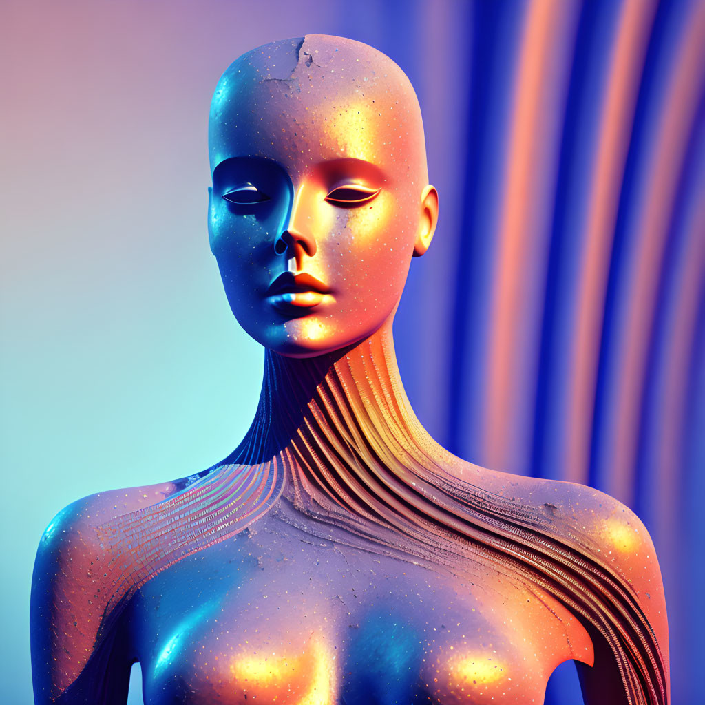 Blue-faced humanoid figure in 3D against softly lit background